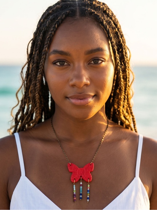 Jewelry - Stainless steel Bohemian Red Butterfly  Necklace with Multicolor Beaded Tassels